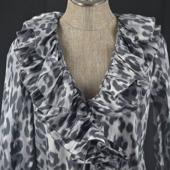 St. John Ruffle Collar Silver Cheetah Print Button Up Top- 8 - Picture 5 of 8